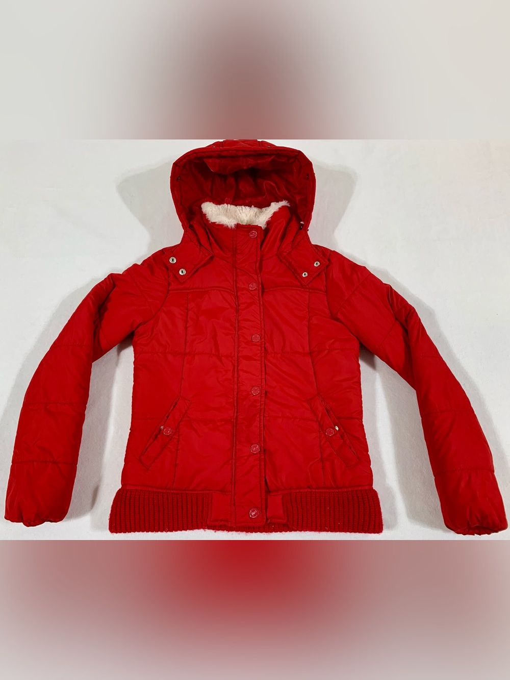 Aeropostale Solid Faux Fur-Trim Puffer Jacket Red Medium Children